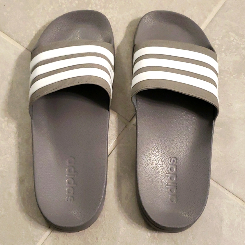 Adidas grey/white slides, size 10